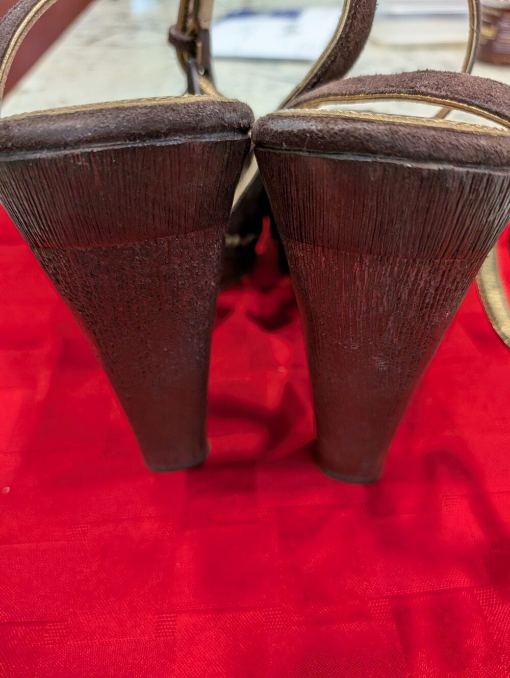 Prada Brown Suede Peep-Toe Ankle-Strap Heels with Gold Insole - Picture 4 of 10